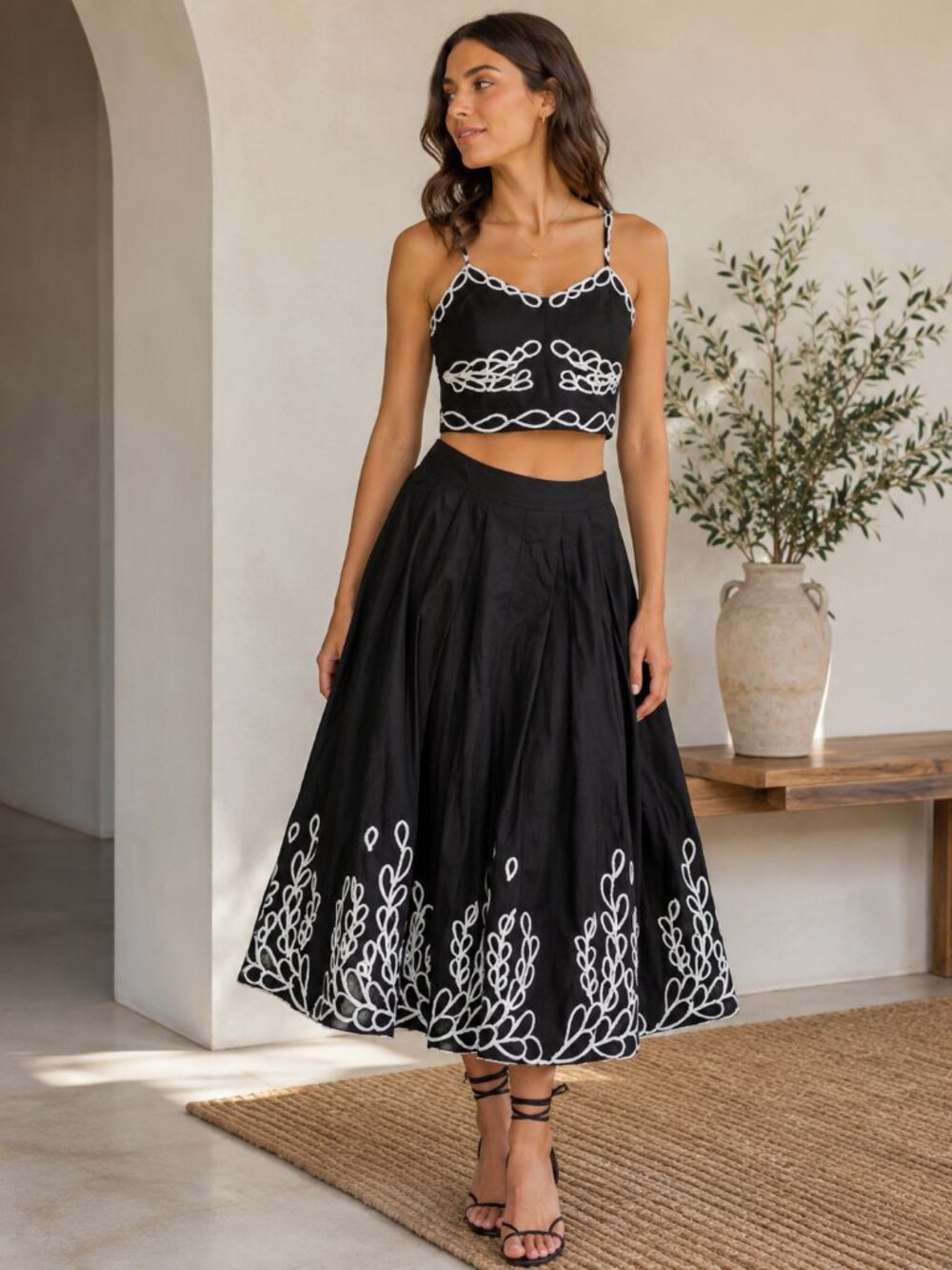 NWT Jason Wu High-Contrast Embroidered Cotton Skirt & Top Set- Black